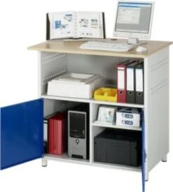 PC-Schrank, HxBxT 1100x1100x800mm, Fach, Schrank, Korpus RAL7035, Front RAL5010, Platte Buche